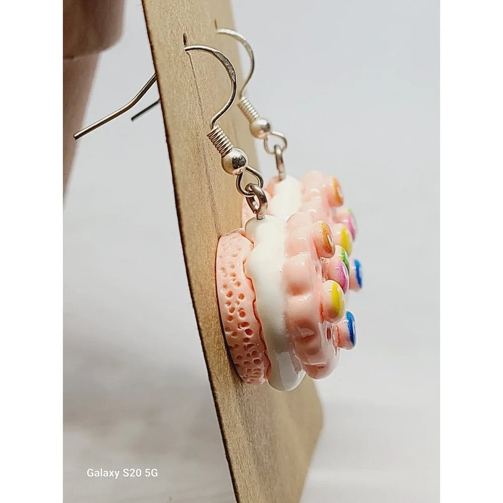 Handmade‎ Pink Sandwich Cookie Drop Earrings Food Jewelry Candy Accents